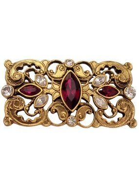 1928 Brand Gold Tone Red, Clear Glass Rhinestone Scroll Bar Brooch Pin E489